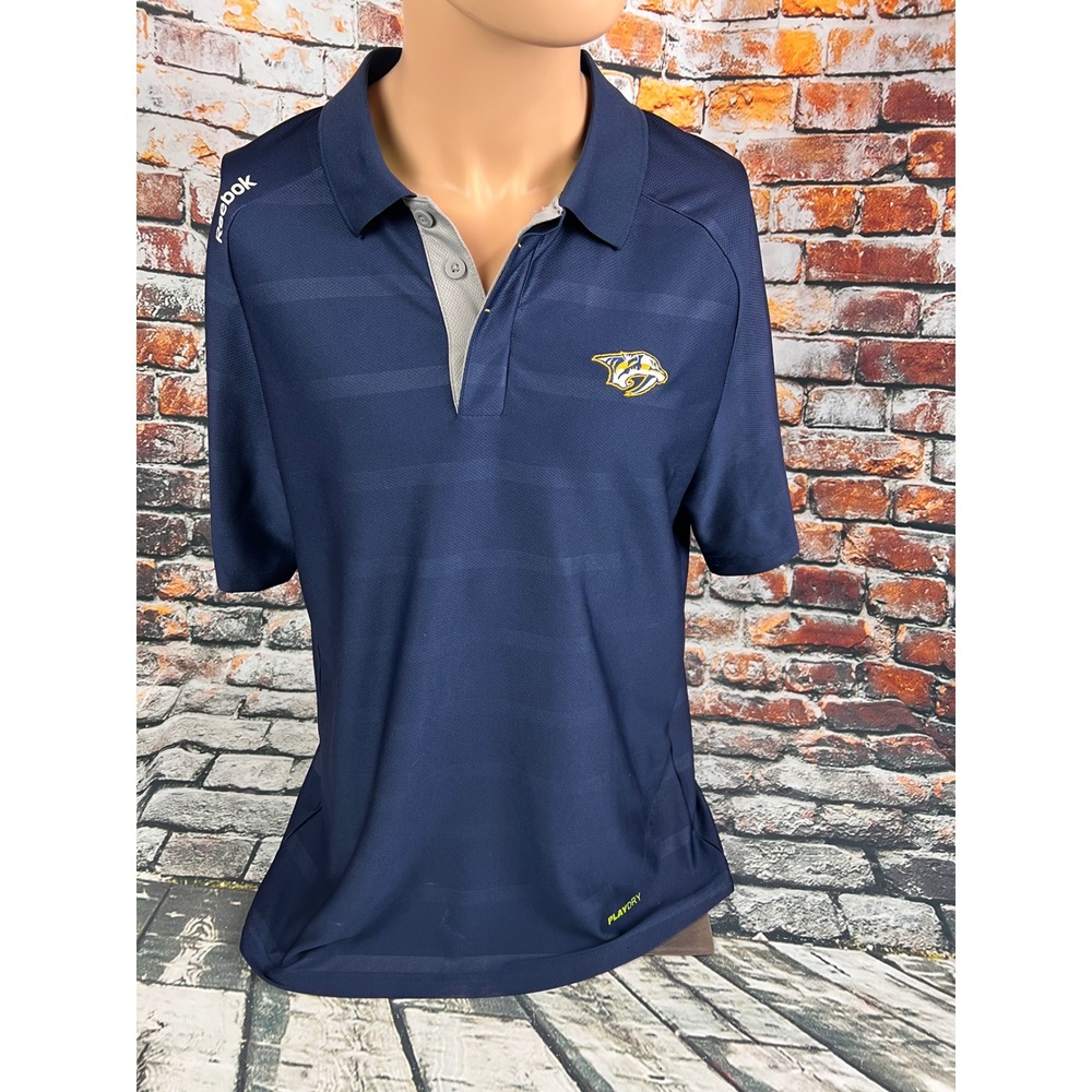 Reebok Nashville Predators NHL Polo Shirt Mens Large Blue Center Ice PlayDry